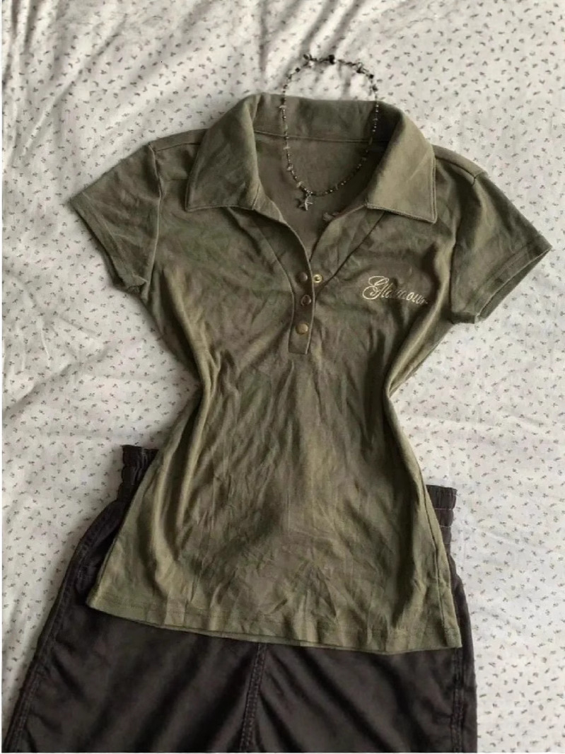 Niche military green American retro polo collar short-sleeve t-shirt, versatile casual fitted short top, ins style 6a
