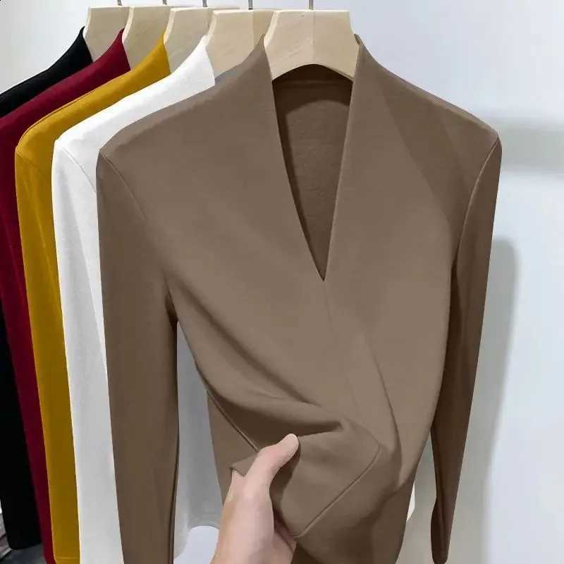 Autumn Winter New Long Sleeve T-Shirts Women Solid V-Neck Plus Velvet Thicken Warm Fashion Slim Pullovers Bottoming Shirt Tops H260916