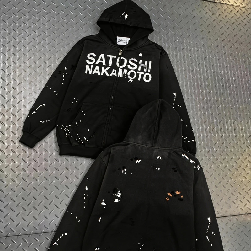 Retro Distressed Patched Trend Satoshi Nakamoto Hooded Sweatshirt Letter Print Zipper Hoodies Coat Men Women 260917