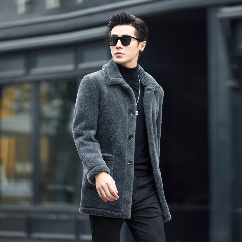 2025 Men's Autumn Winter Long Lambswool Coats Male Solid Color Warm Outerwear Men Genuine Fur Casual Jackets P538 260917