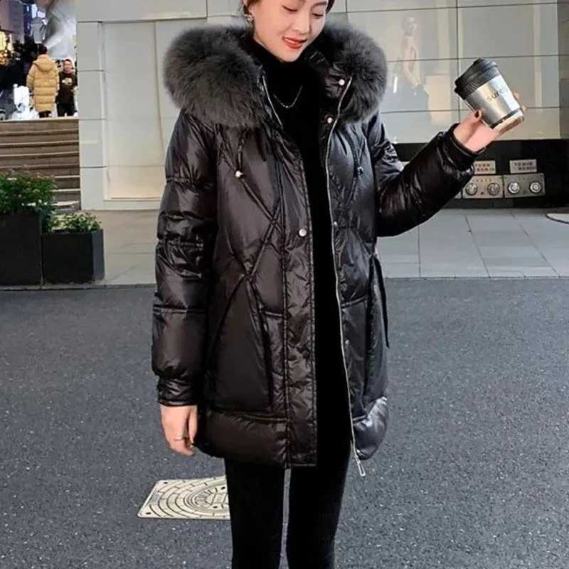 Black Down cotton Jacket Women's 2025 New Korean version Thick fur collar Loose Wash free Winter Coat Female Warm Parka Overcoat H260917
