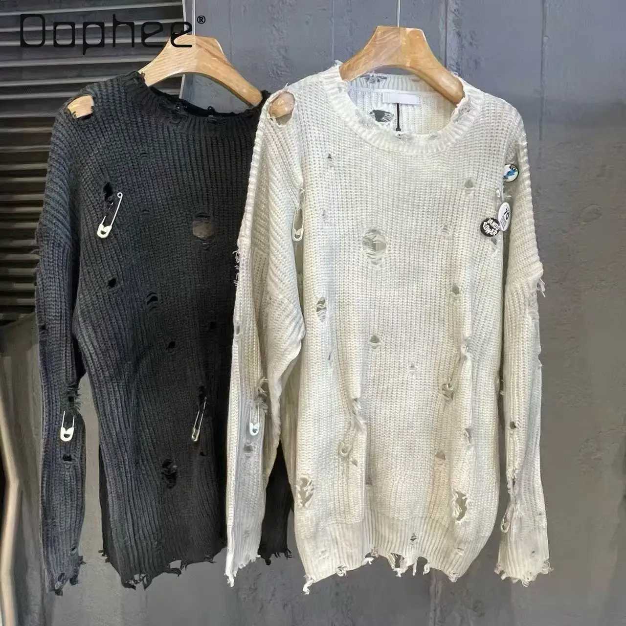 American New 2026 Autumn Ripped Sweater Old Rough Edge Hollow Casual Loose Pullover Knitted Top Ins Style Street Gothic Sweater J260916