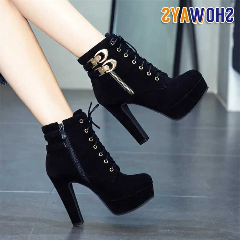Plus Size Winter Women Platform Boots Black Brown Grey High Chunky Heels Round Toe Party Office Ladies Zipper Ankle Boots D260917