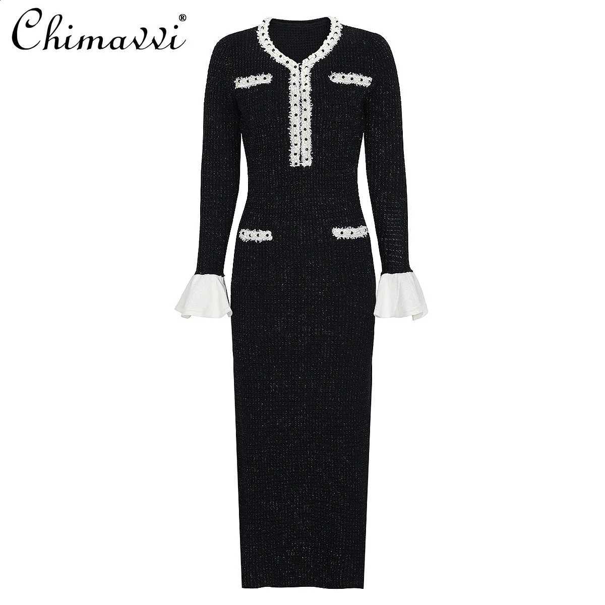 and 2026 Spring Autumn New Fashion Beaded Knitted Women's Dress High-end Elegant Ruffled Office Lady Long Sleeve Dresses C260917