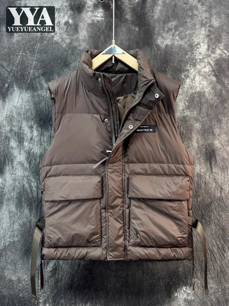 Winter Mens Stand Collar Sleeveless White Duck Down Jacket Casual Streetwear Vest Coat Side Lace Up Waistcoat Windproof Outwear 260916