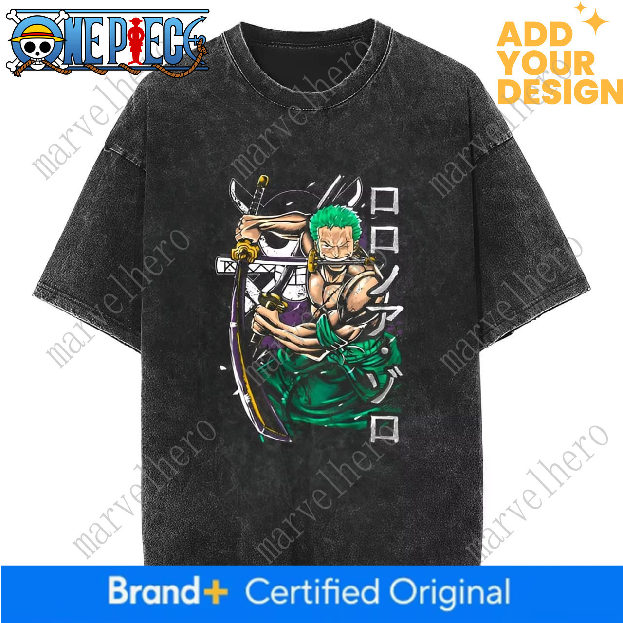 One Piece Monkey D. Luffy Black and White Line Art Straw Hat Print Washed Vintage Short Sleeve T-Shirt Unisex Loose Fit Pure Cotton Lightweight shor