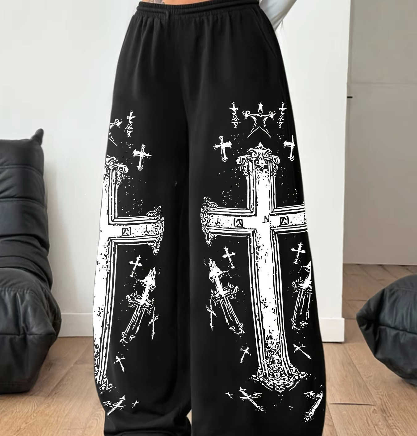 New Unisex 2026 Distressed Cross Graphic StraightLeg Jogger Pants Retro Dark Style Y2K Street HipHop Loose Long TrousersT260917