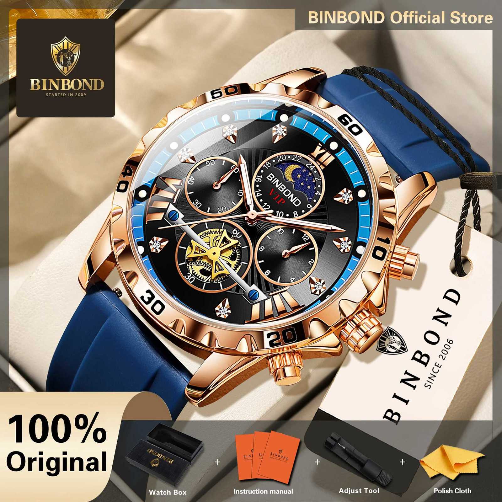 BINBOND Quartz Watches For Men Luminous Waterproof Chronograph Men's Watch Wristwatch Reloj Luxury Montre Homme Fond Bleu+BoxT260916