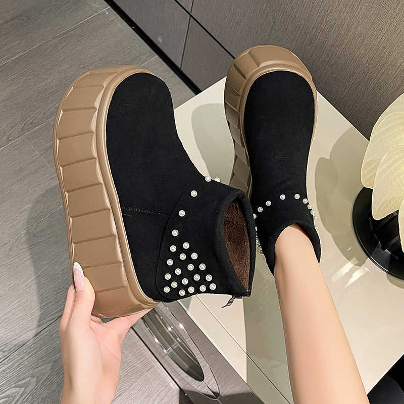 Women Ankle Boots Suede Winter Shoes Women Casual Snow Flats Platform Pearl Decoration Short Boots High Heels New Chelsea Shoes D260917