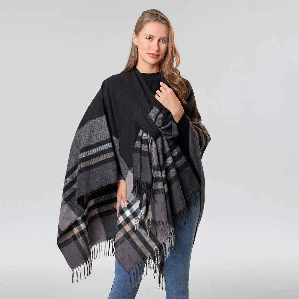 Knitted New Tassel Shawl Double-Sided Plaid Stripes Autumn Winter Warm Scarf With Fixed Side Ties Cape S260917A5M0