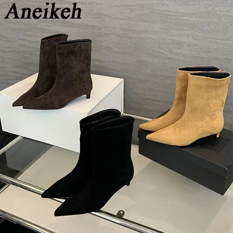Aneikeh Large Size 41 42 Fashion Winter Faux Suede Pointed Short Boots Low Heel Boots Slip on Party Shoes Botas Zapatos De Mujer 260916