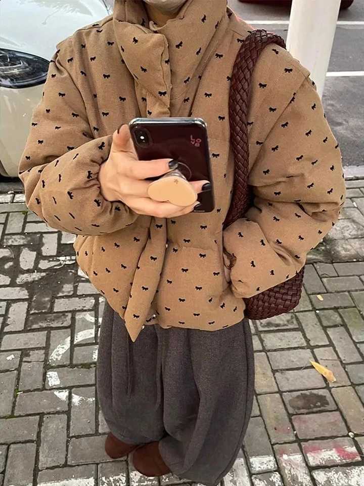 Bows Print Cropped Parkas Women Vintage Stand Collar All Match Casual Puffy Coats Winter Thick Warm Female Loose Retro Outwear H260917