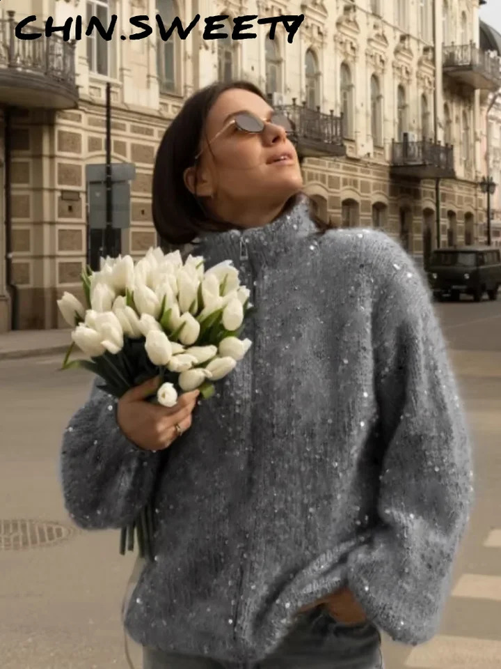 Chic Sequin Knit Double-zip Cardigan Women Y2K Lapel Long Sleeve Glitter Short Sweater Female Party Night Out Lady Outwear 2026 260917