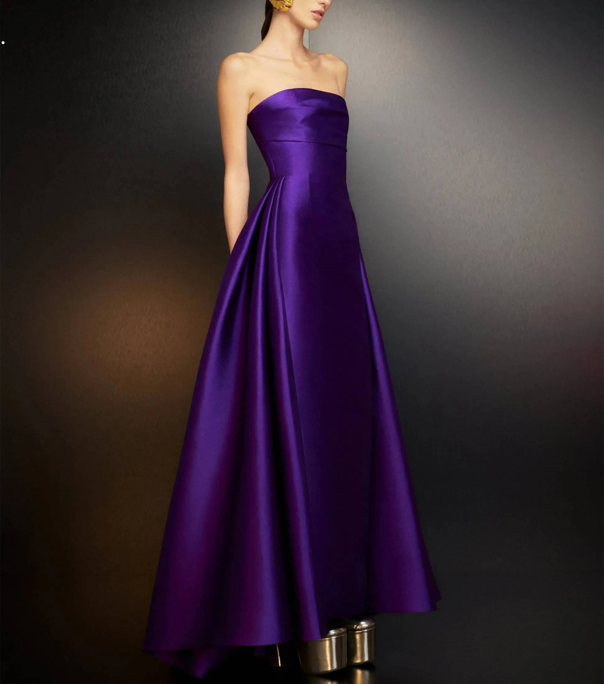 Elegant Long Satin Purple Evening With Side Train Sheath Strapless Pleated Zipper Back Ankle Length Prom Dress Party Dresses for Women