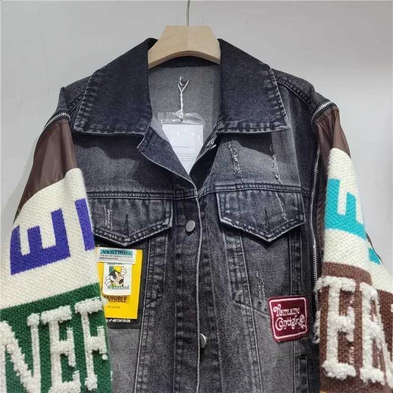 Ashion Badge HJLZBW Letter Denim Jacket Women's Knitted Patchwork Sleeve Sweater Tassel Denim Jacket Street Wear Wool Sweater C260917