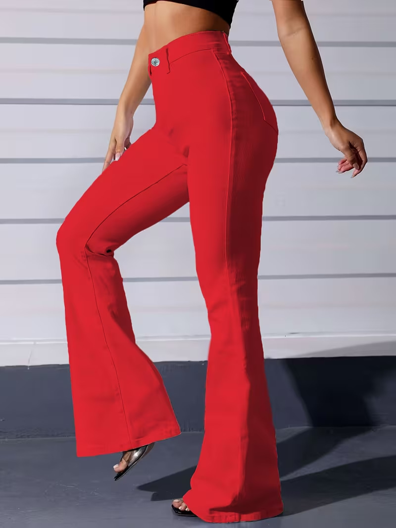 Cross-border European and American style red high-waisted jeans for women, slim fit, hip-lifting, leg-lengthening, slightly flared 37