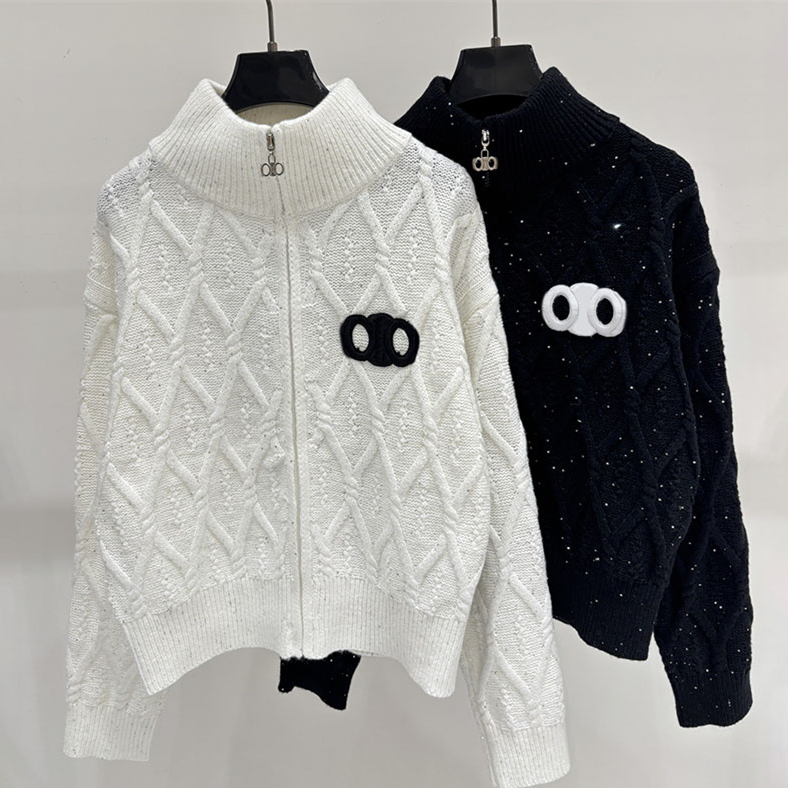 Athleisure Women Sequin Knit Jacket Classic Stand Collar Zipper Up Cropped Plaid Jacquard Sweater Autumn Workout Club Knit Cardigan
