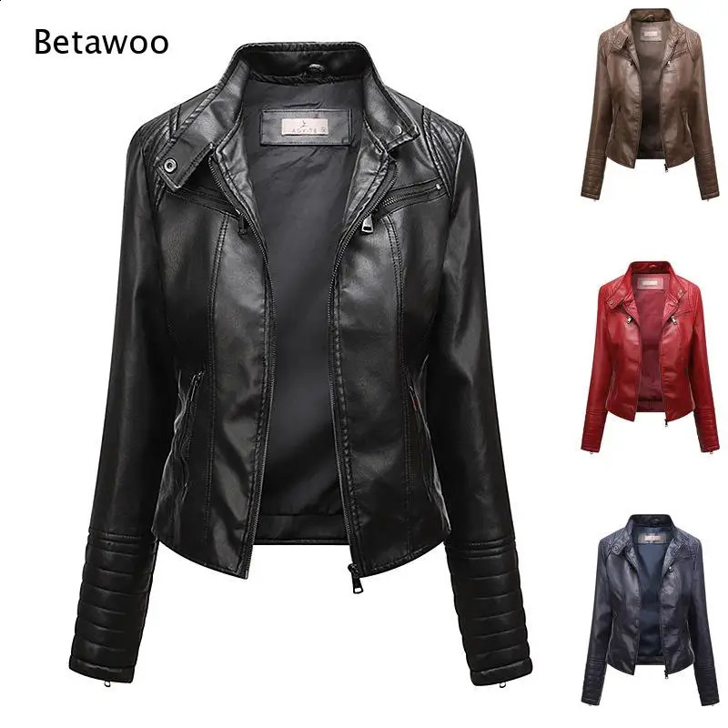 Women Lapel Asymmetric Zip Faux Leather Moto Jacket Long Sleeve Quilted Cuff Cropped Biker Coat 4 Color Options 260916