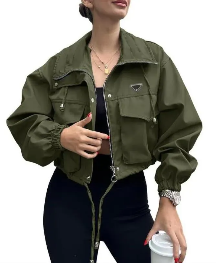 designer jacket women short trench jackets long sleeve big pocket solid color womens coat