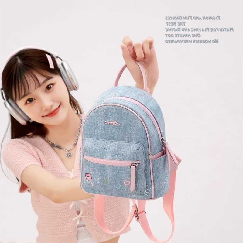 Denim Embroidered Blue Bear Backpack Women Mini Delicate School Style Rucksack Ladies Versatile Casual Compact Mochilas MujerT260917