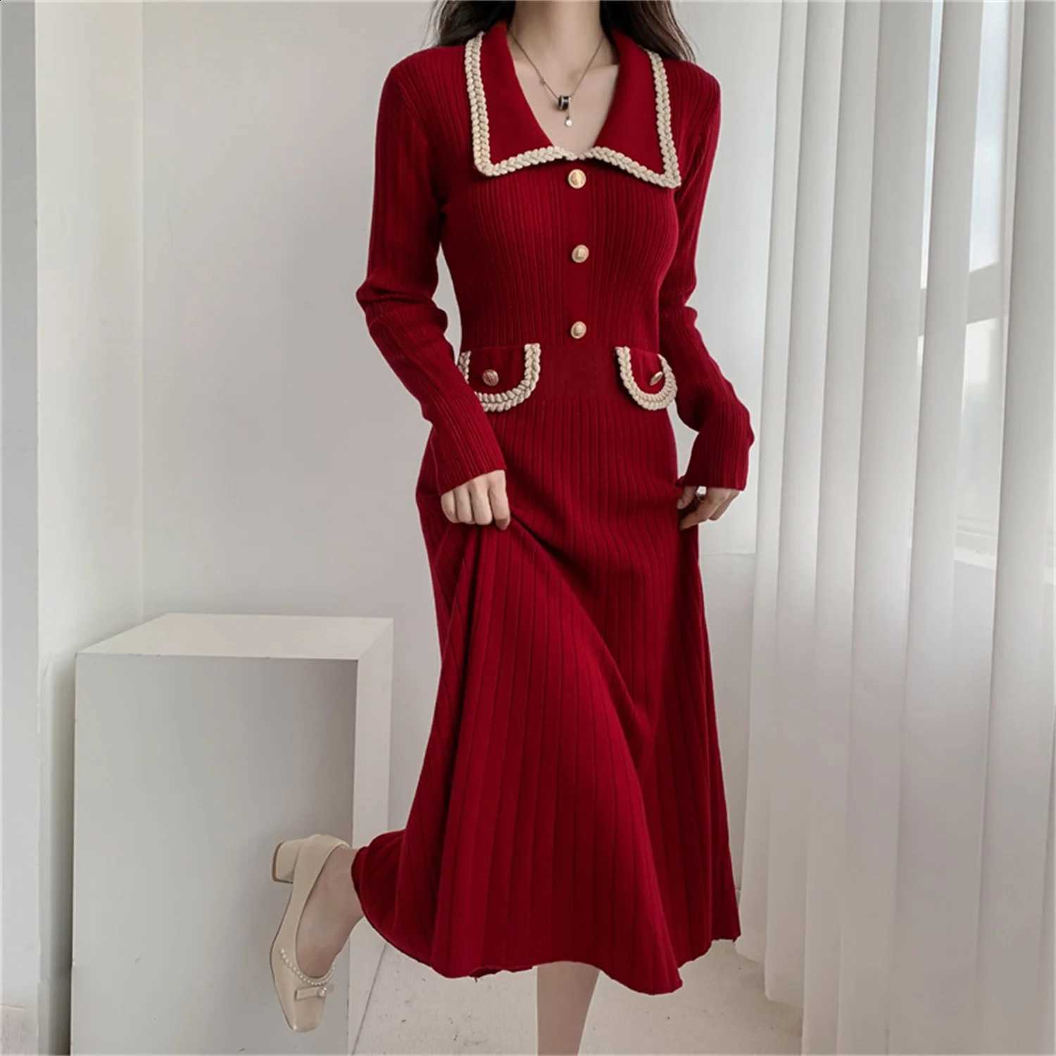 Women's Colorblock EINY Ruffle Trim Bodycon Dress Retro Long Flounce Sleeve Button Dresses Ladies Clothes for Daily Party Wear C260917