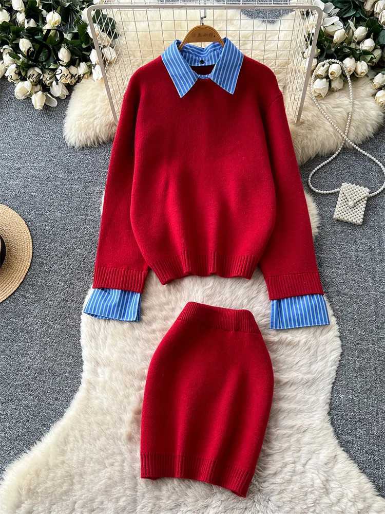 Preppy Style Knitting Suits SINGREINY Splice Stripe Fake Two-piece Top+Elastic Bodycon Skirt Clean Simple Commute 2Pcs SetsW260915