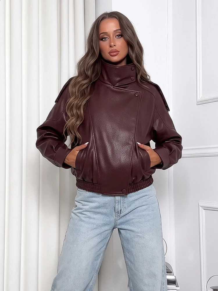 HH Women Chic Street Motorcycle Jacket Faux Leather Solid High Stand Collar Asymmetric Coat 2026 Autumn Winter Commuting Outwear 260916