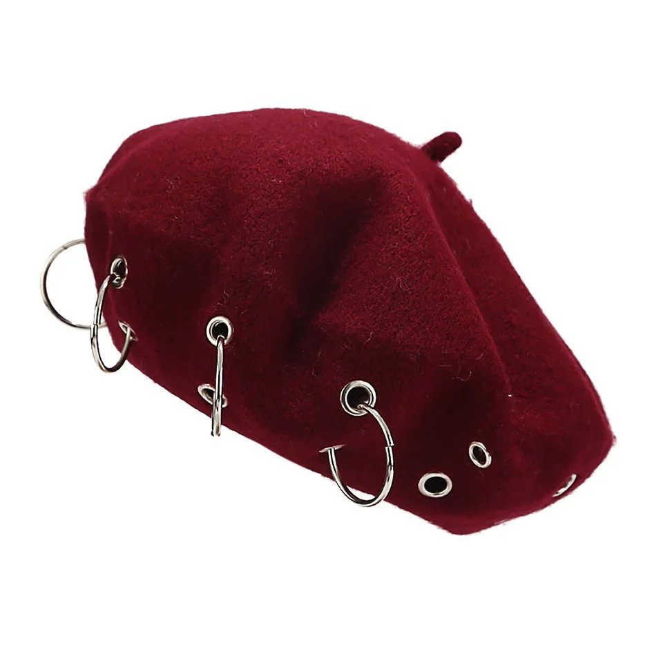 Womens Winter Acrylic Wool Beret Punk Rock Iron Ring Street Style Hat