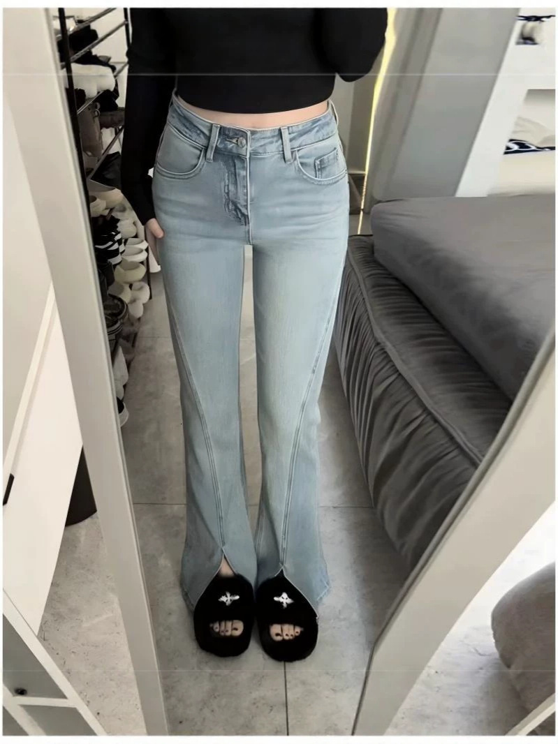 Cross-border European American style flared jeans for women, high-waisted, elastic, slim-fit, with slit, and a nine-quarter length e6