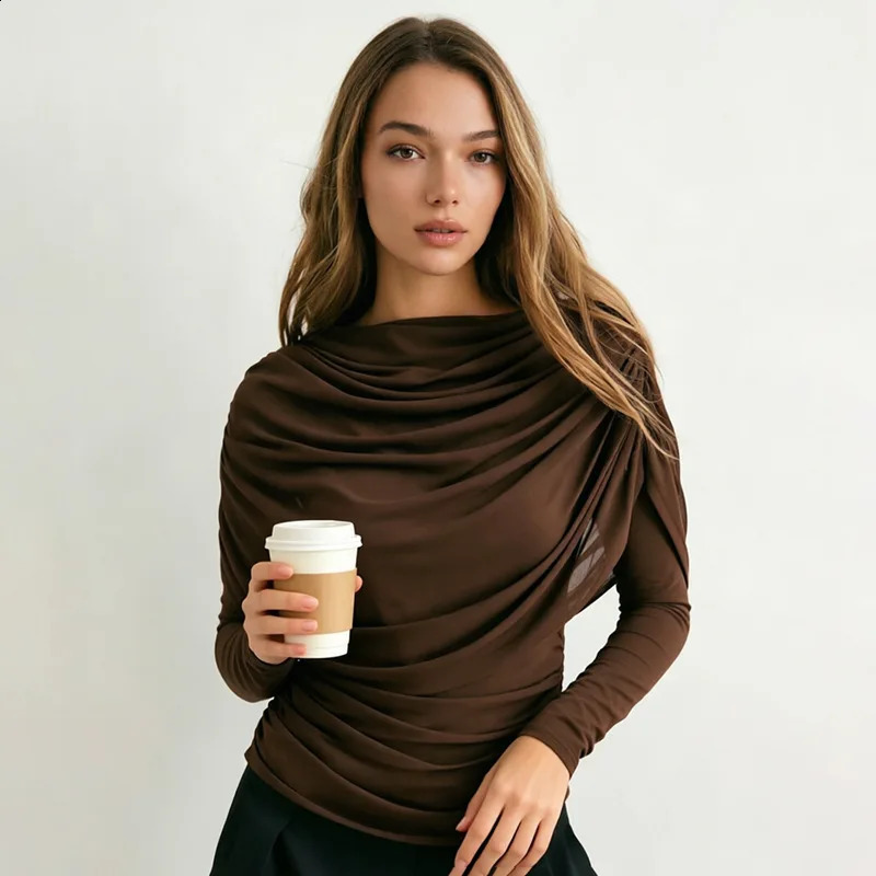 2026 Spring Summer Women Long Sleeve T-Shirt Draped Collar Pleated Shawl Slim Fit Stretch Tops Elegant Casual Daily Wear Top 260917
