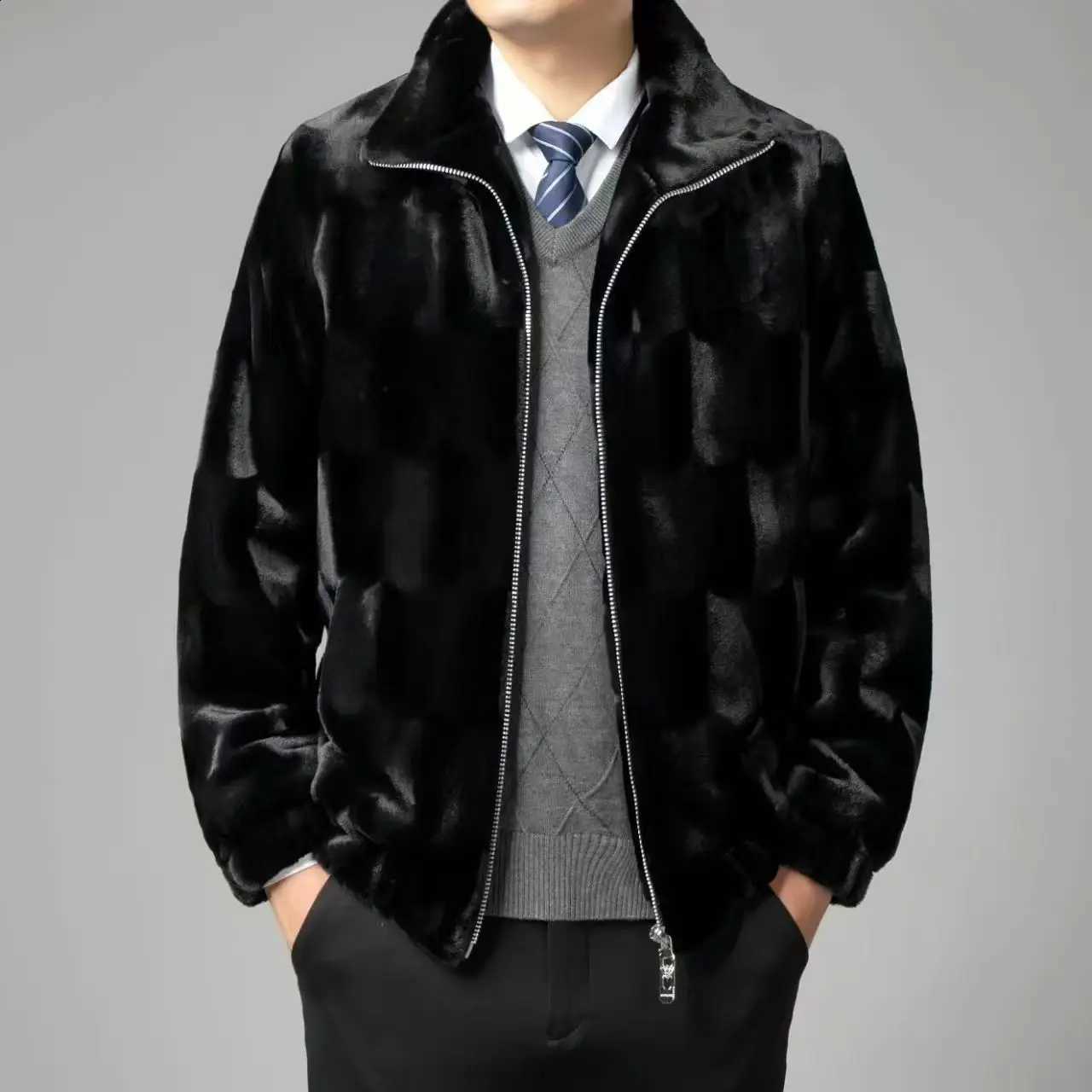 Fleece Men's Black Faux Fur Jacket Winter Warm Mink Coat Alternative Trendy Zip Up Bomber Parka Fluffy Outerwear W260915