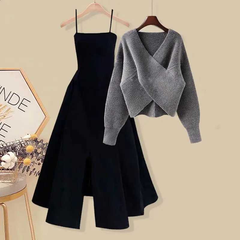 New Cross Chest V-Neck Winter Long Sleeve Sweater Sexy Strap Dress Two Piece Elegant Women's Dress Set OutfitsW260915