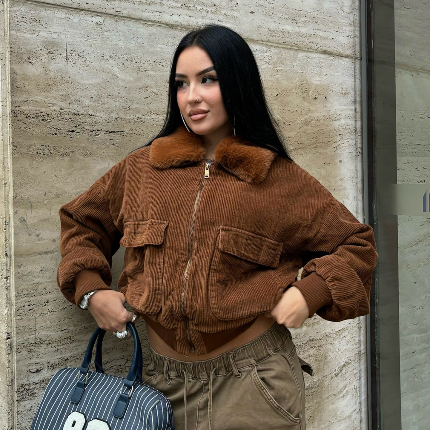American retro brown jacket with fur trim, corduroy patchwork, street style, zip-up, short top d1