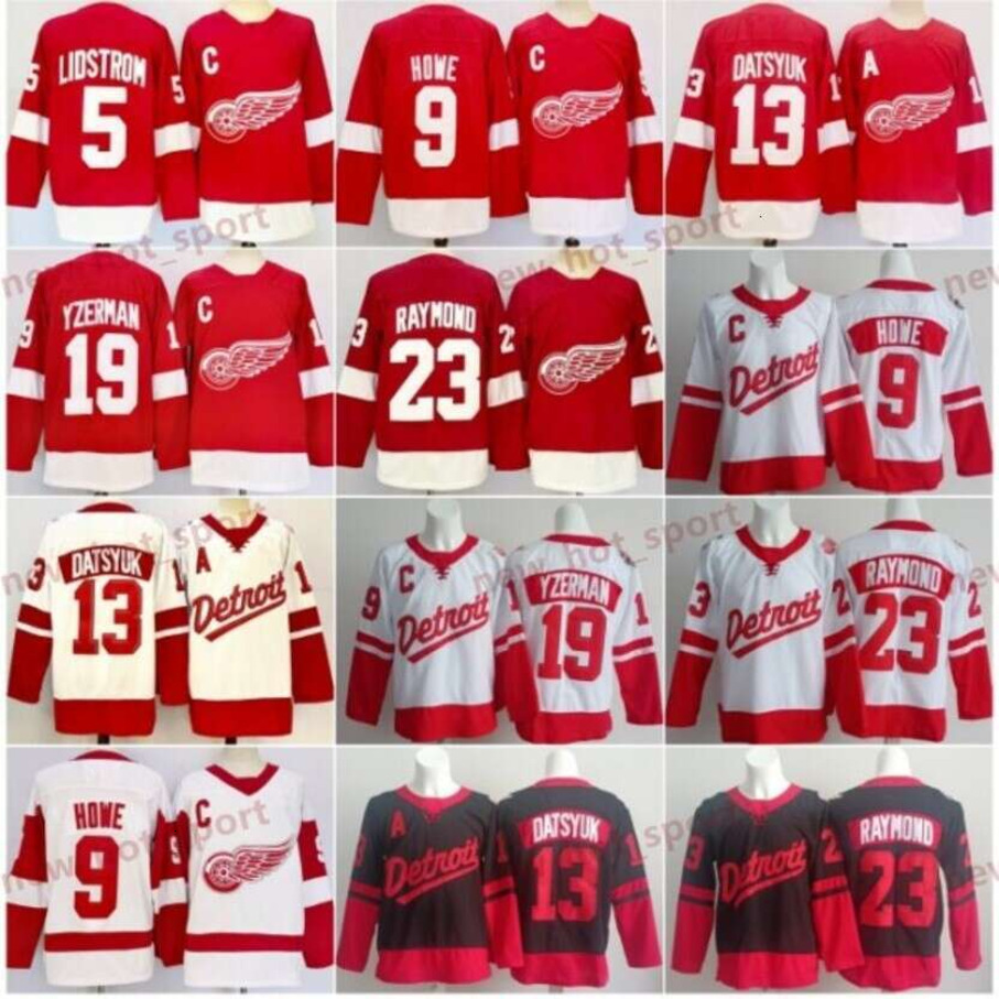 Mens 2025 New Hockey Jerseys 5 Nicklas Lidstrom 9 Gordie Howe 13 Pavel Datsyuk 19 Steve Yzerman 23 lucas Raymond Black White Red Shirts Stitched
