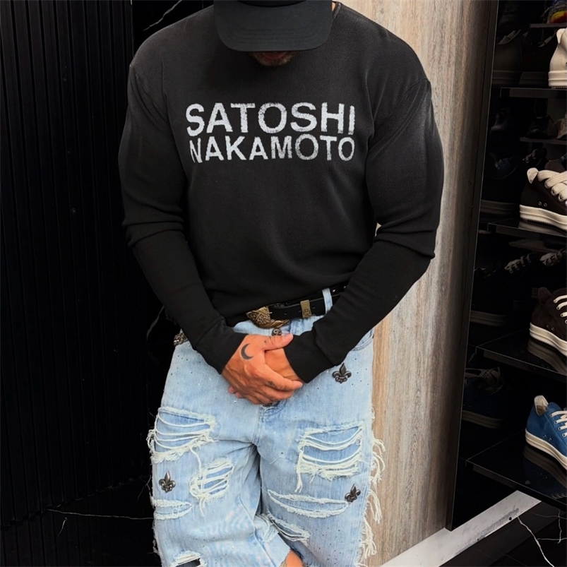 High Street Letter Print Waffle Long SleevesTShirt for Men and Women Crew Neck Vintage Baggy Cotton Autumn Tshirts Oversized 260916