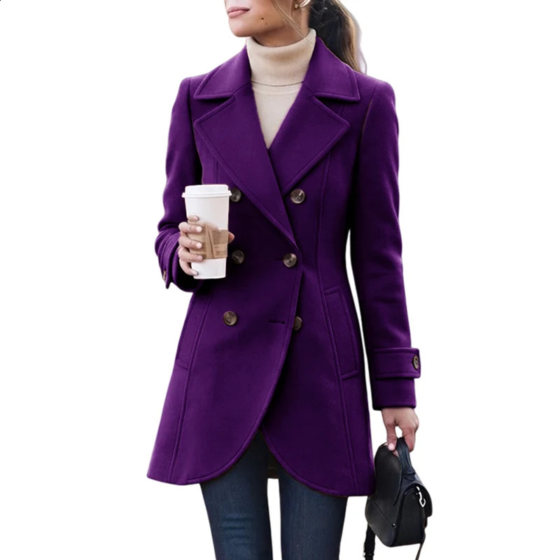 Autumn Winter Pocket Commute Outerwear Vintage Flip Collar Long Sleeve Woolen Jacket Elegant Double Breasted Women's Coat 260916