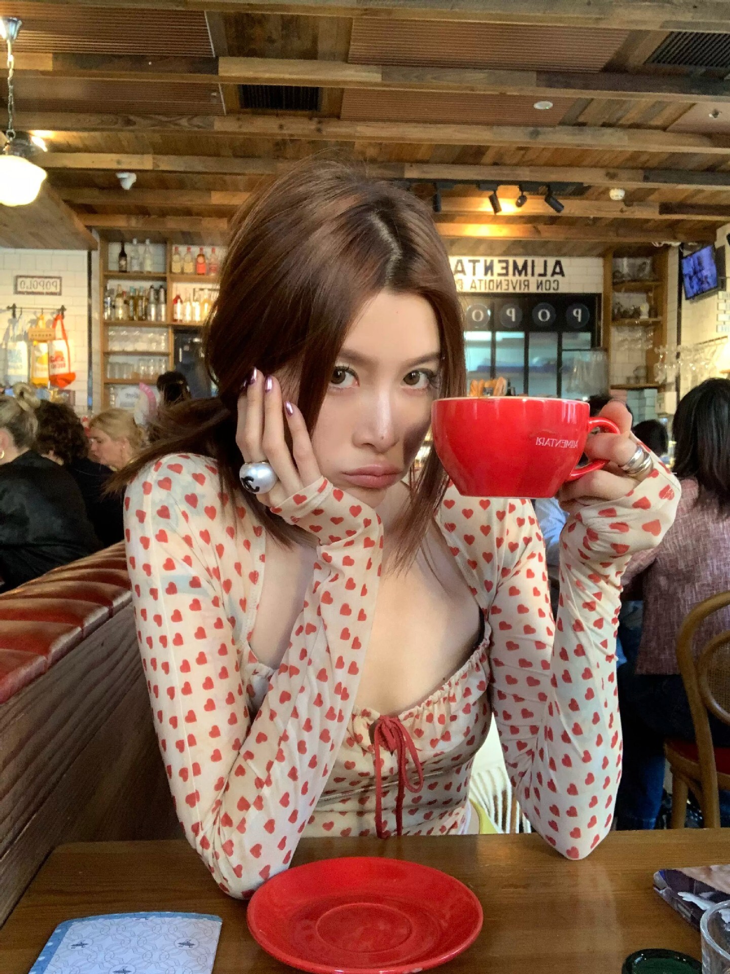Korean Pink Heart Polka Dot Square Neck Long Sleeve T-Shirt for Women, Autumn Design Sense Tie Tea Style Hot Girl Thin Top 34