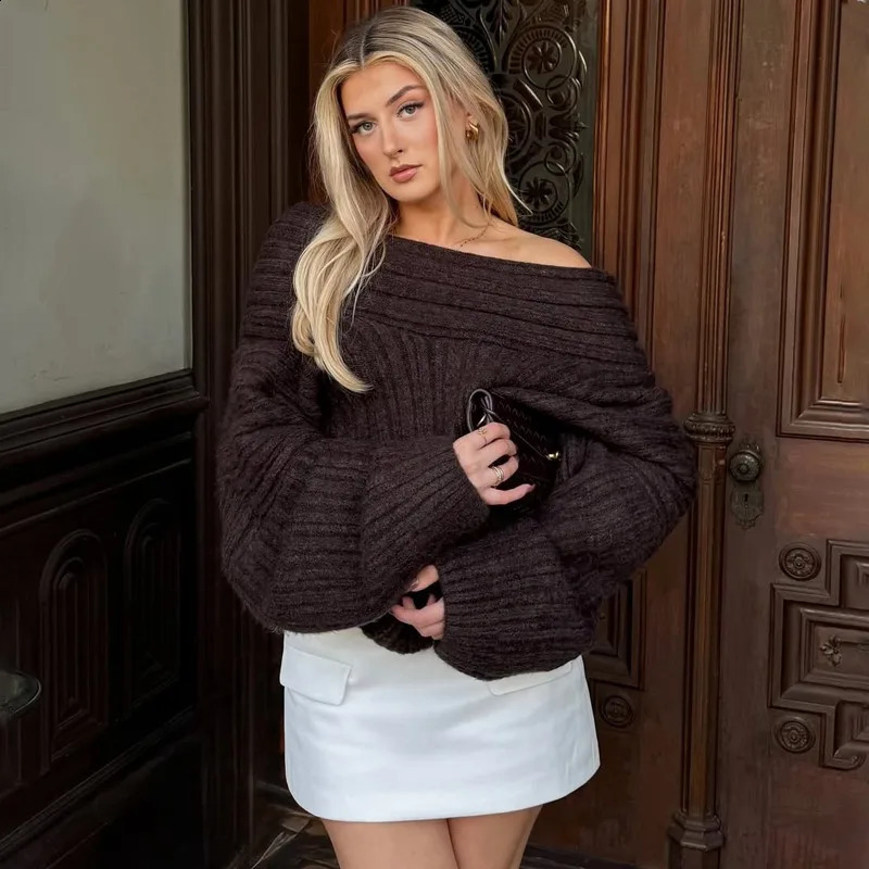 Tuularose Women's Off-Shoulder Sweater Fashion Loose Casual Brown Retro Pullover Spring High Street Office Lady Tops Knitwear 260916