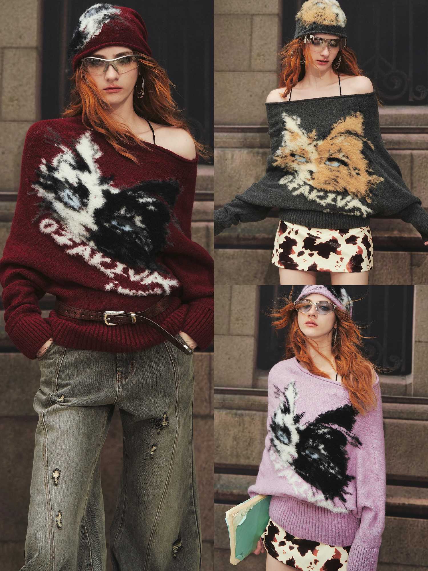 Pattern Laziness Style Lion Long Sleeve Loose Women's Sweater Faux Fur Shoulder Design Comfortable Warmth for Autumn Winter J260916