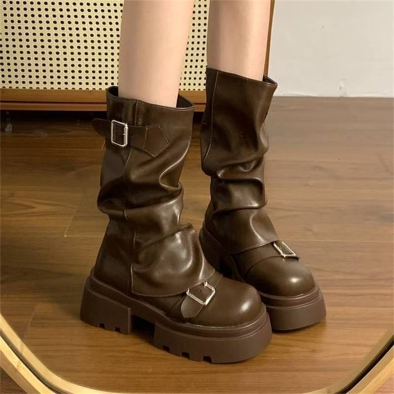 Women's Chunky Platform Motorcycle Boots Vintage Slouchy Mid-Calf Biker Shoes Matte Leather 260915