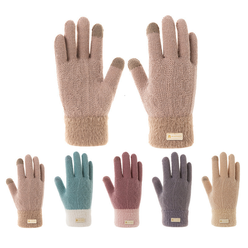 Winter Korean Version Knitted Wool Gloves Female Students, Thickened and Warm for Cycling, Double Layer Touchscreen, Wholesale Ins Style