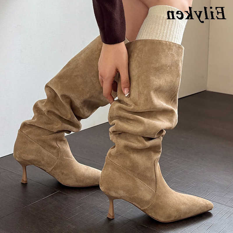 Eilyken Sexy Stiletto Heel Women Knee-High Boots Autumn Winter Slouch Booties Punk Style Pleated Pointed Toe Shoes D260917