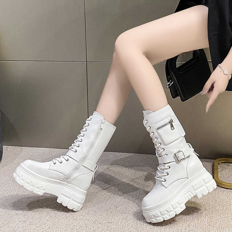 Ankle 9CM Autumn Boots Warm for Women Leather Short Boots Round Toe High Platform Fur Motorcycle Boots Thick Heel Sneakers Shoe D260917
