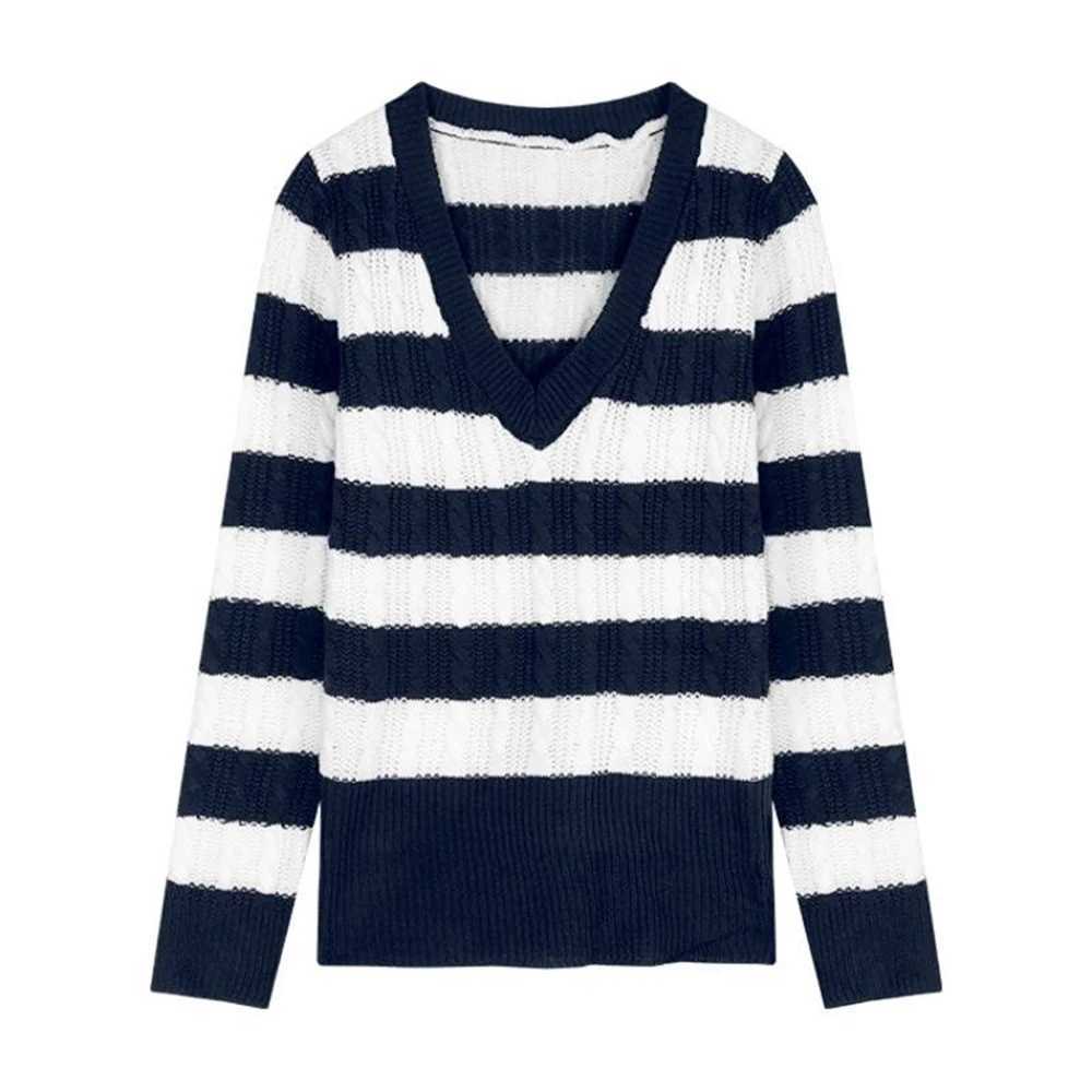 Long Slve Striped V-neck Collar Knitted Sweater Women's Autumn Slim Fit Elastic Color Block Casual Underlay Top for Daily Wear S26091718PQ