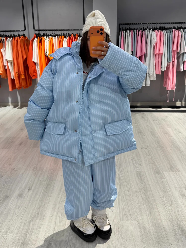 Vertical Stripe Cotton Coat 2 Piece Set Women Detachable Hood Crop Padded Jacket Wide Leg Snow Pants Warm Winter Casual Outfit 260917