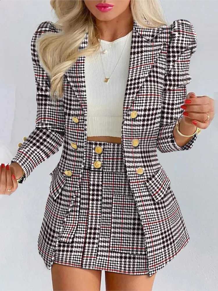 Print Women's Plaid Jacket With Mini Skirt Two Piece Sets Spring Autumn Long Sleeve Button Open Blazer Coat Short Skirts Suit C260917