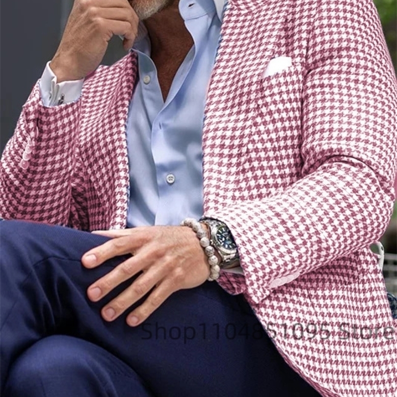 Casual Mens Pink Houndstooth Woolen Blazer Suits Jacket Lapel Collar Wedding Business Coat for Autumn Winter 260818