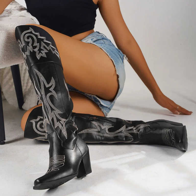 43 2025 size Plus High Quality Black Block Heels Over the Knee Western Boots Vintage High Boots Women Shoes D260917