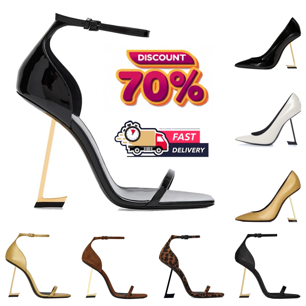 Women Mules Dress Shoes High Heels Womens Designer Genuine Leather Pumps Lady Sandals Classic Style Wedding Slingback Heels Black Golden Gold 10cm H