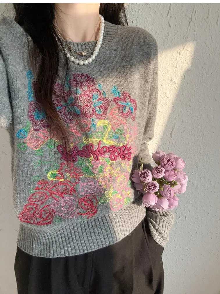 Embroidered Knitwear Women's Elegant Loose Fit Autumn Winter Fashion Vintage Style Korean Style Woolen Long Sleeve Crew Neck J260916
